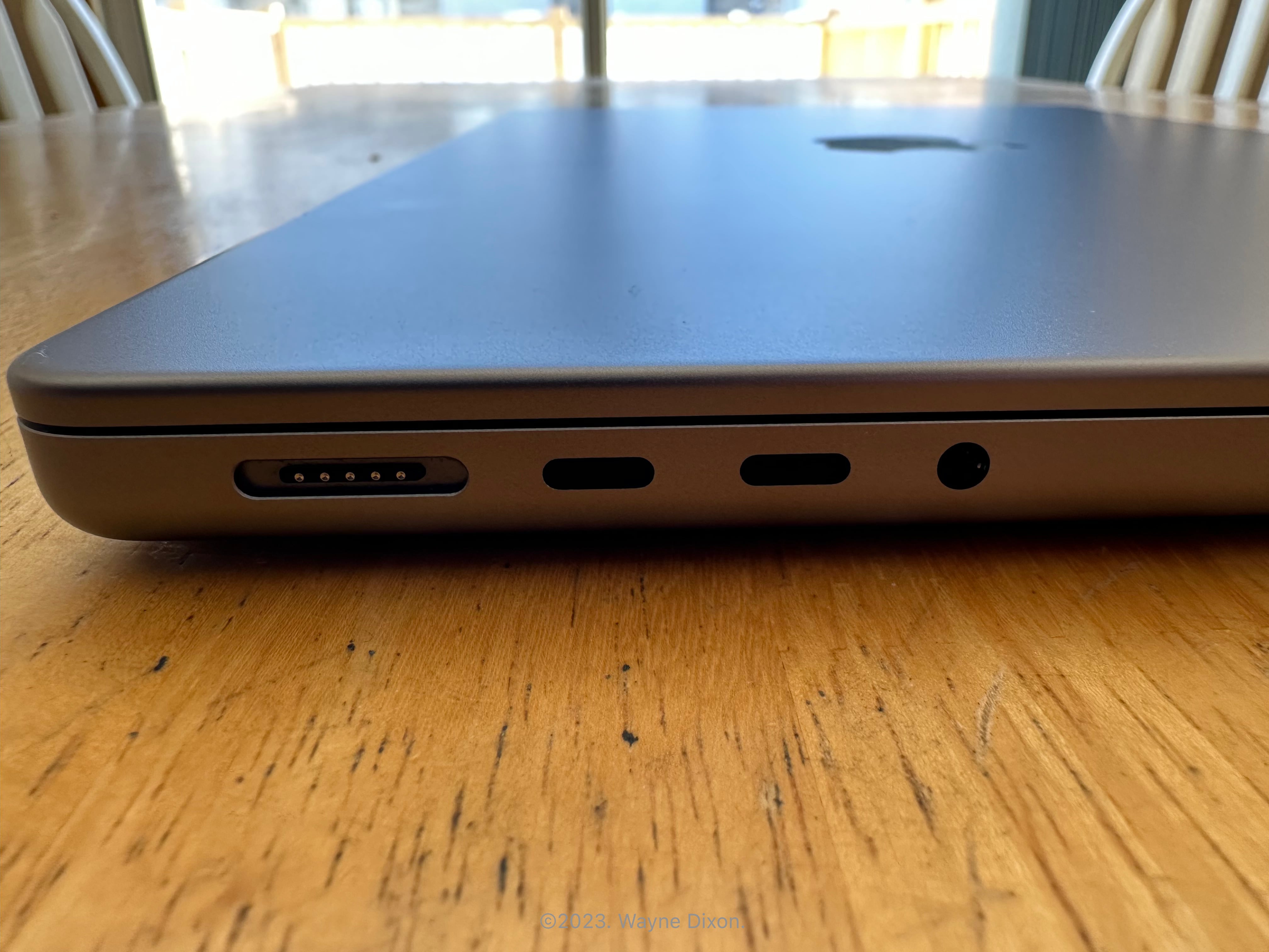 Photo of the ports on the left side of the 14-inch M2 Max MacBook Pro